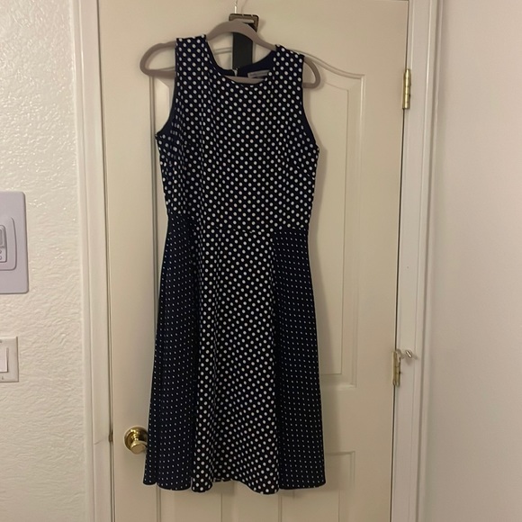Navy & white Danny & Nicole polka dot swing dress with belt - Picture 1 of 8